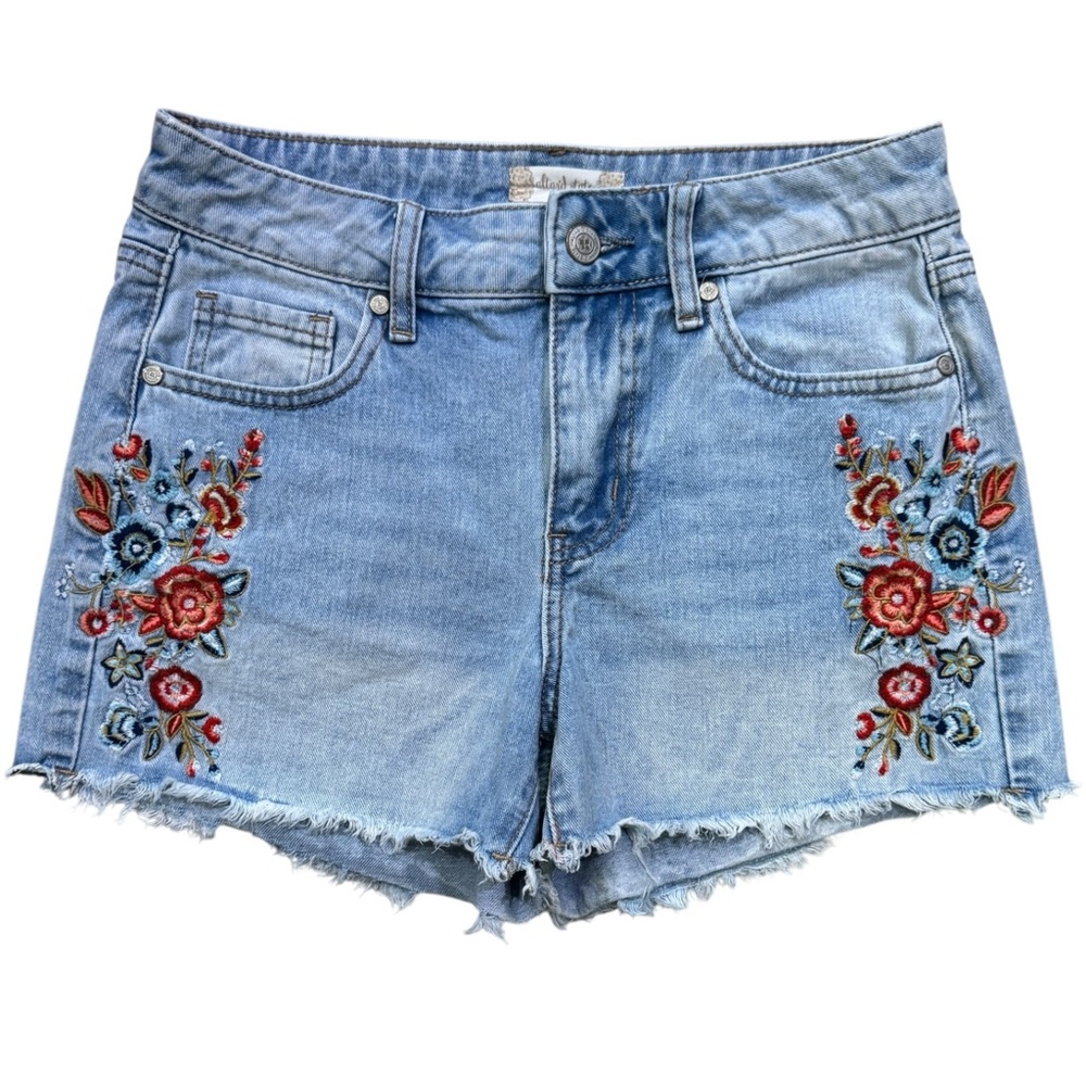 Altar'd State Blue Jean Shorts with Red Floral Embroidery